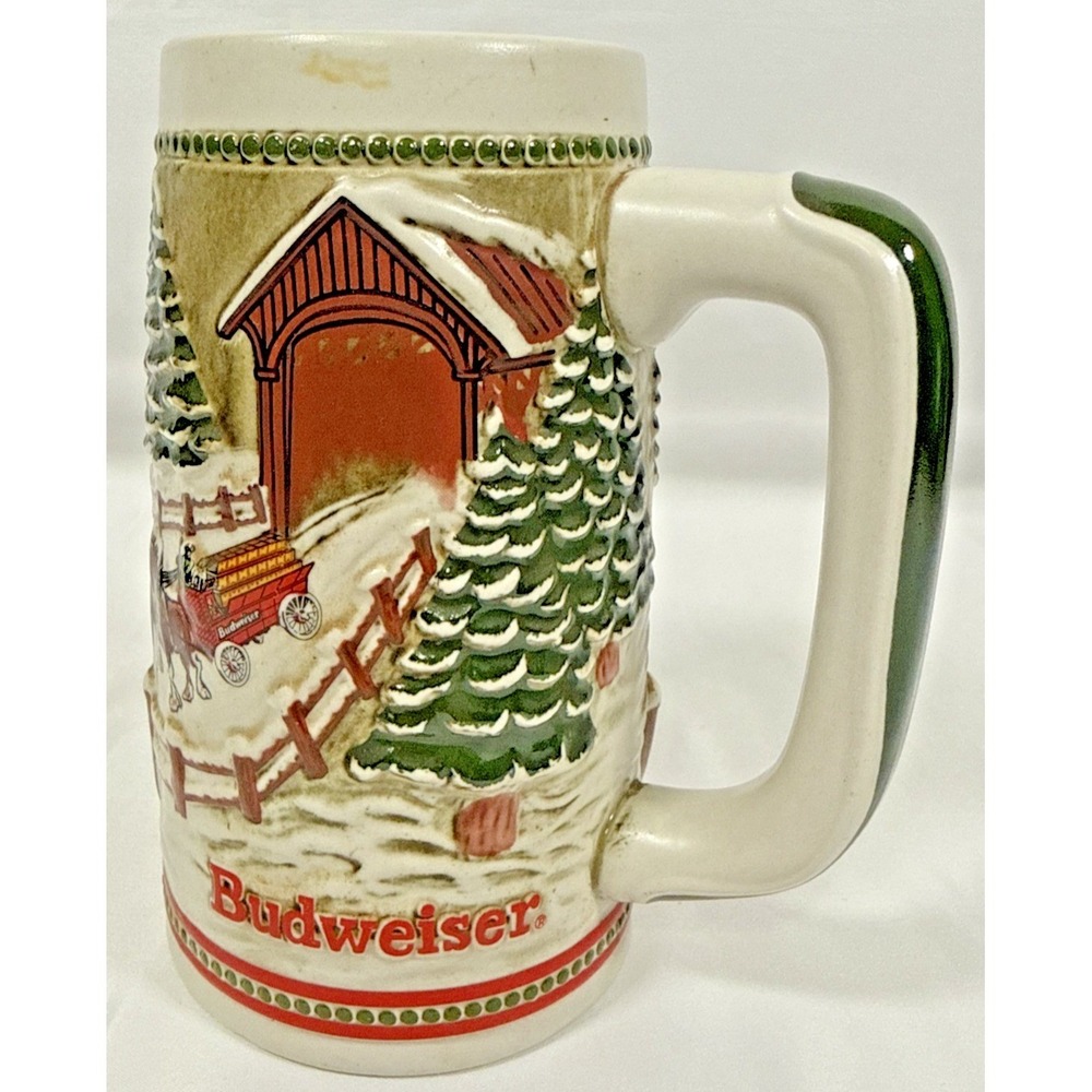 Budweiser Beer Stein Cream Holiday Clydesdales Covered Bridge 1980s
